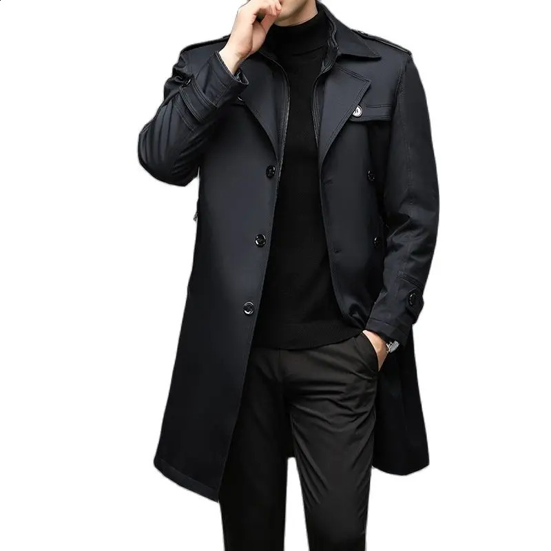Trench Coat Men Long Liner Detachable Smart Casual Windbreakers Mens Long Jackets Solid Color Turn Down Collar Trench Coat 240822