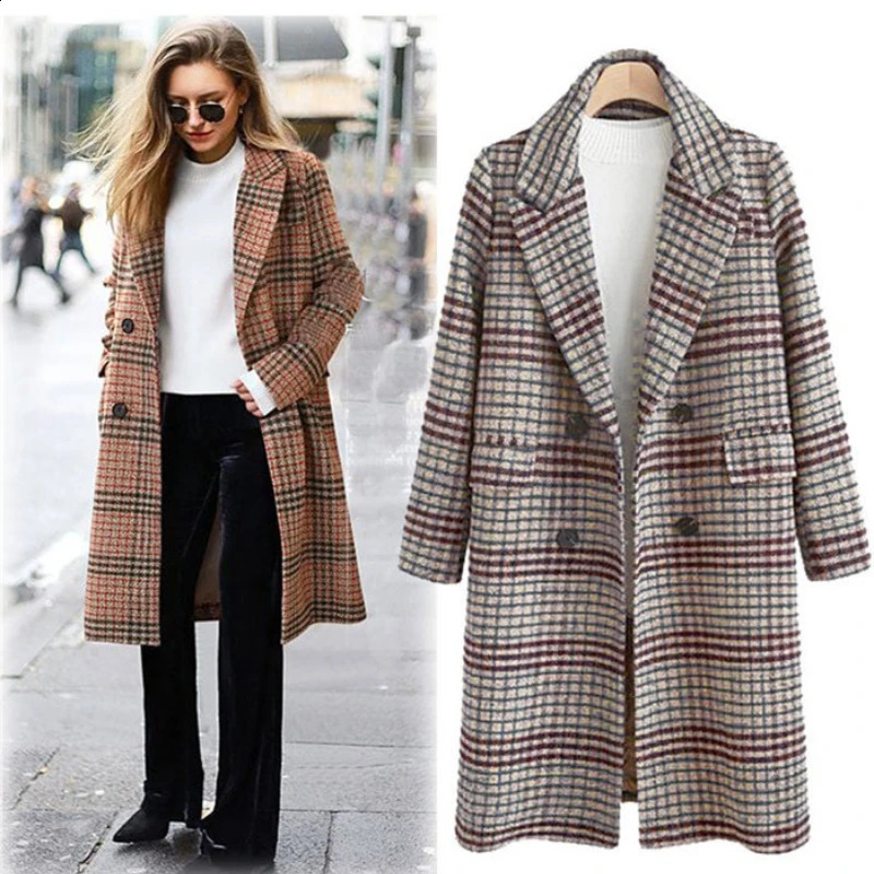 Women Coat Long Jacket Woolen Plaid Double Breasted Lapel Overall Autumn Winter Loose Fitting Blazer Checkered Long Sleeve 240822