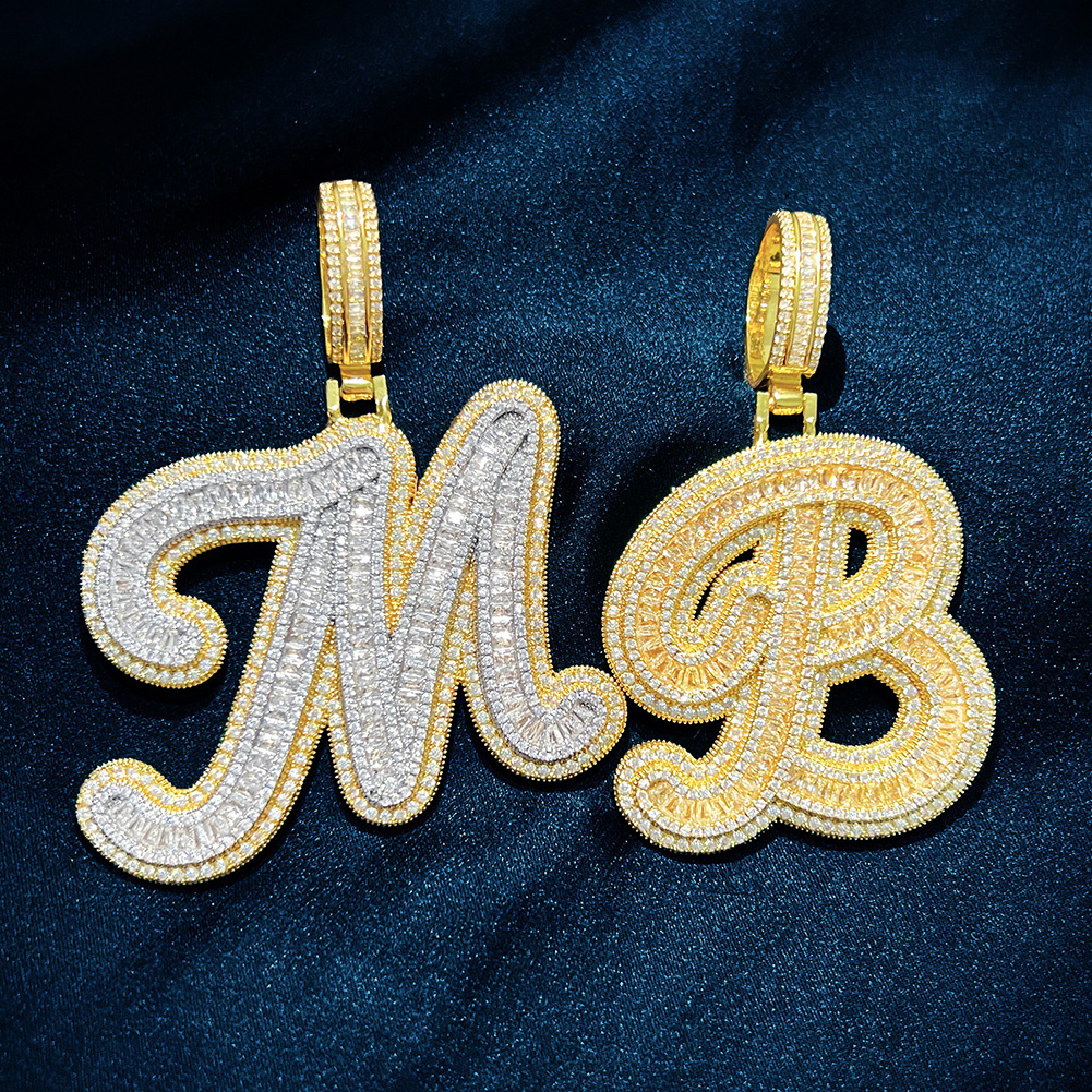 Hip Hop Custom A-Z Cursive Letters Pendant Necklace 5A T Zircon 18k Real Gold Plated Mens Jewelry