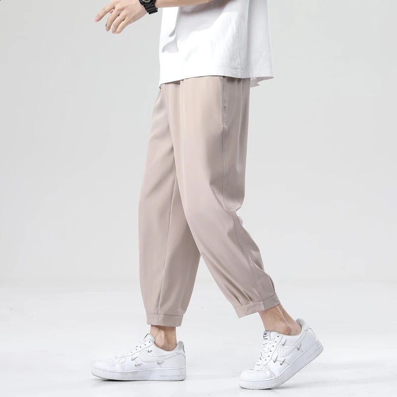 Ice Silk Summer Mens Anklelength Pants Solid Loose Quick Dry Casual Elastic Lightweight Joggers Thin Business 240822