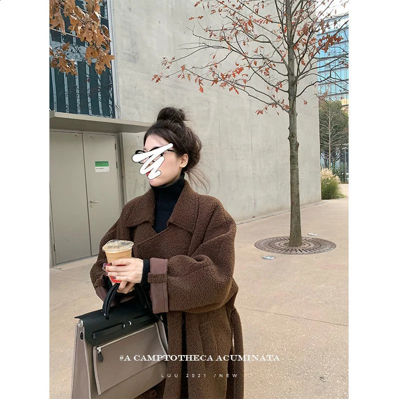 Temperament Lamb Wool Coat Womens Winter Fat Sister British Style Lazy Over Knee Loose Long Wool Coat Solid Color 240822