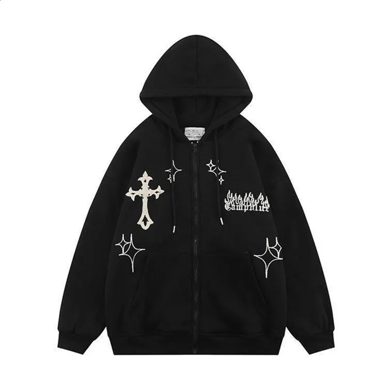 Mens Streetwear Cross Embroidery Zip Up Cardigan Hoodies Y2K Vintage Skeleton Spider Hoodie Men Oversize Black Hooded Sweatshirt 240823