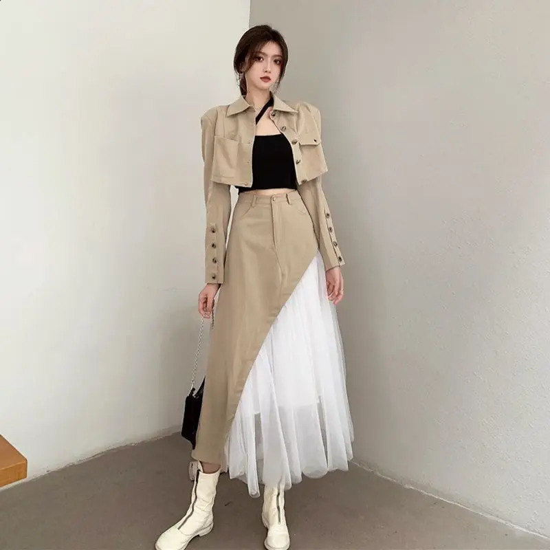 Short suit jacket high waisted mesh skirt two-piece set for womens autumn workwear set 240823