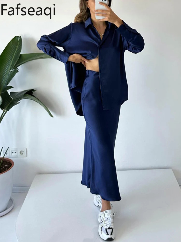 INS Satin Skirt Suit Set for Women Spring Elegant Office A-line Skirts Buttons Shirt Two-piece Set Womens Tracksuit Outfit 240823