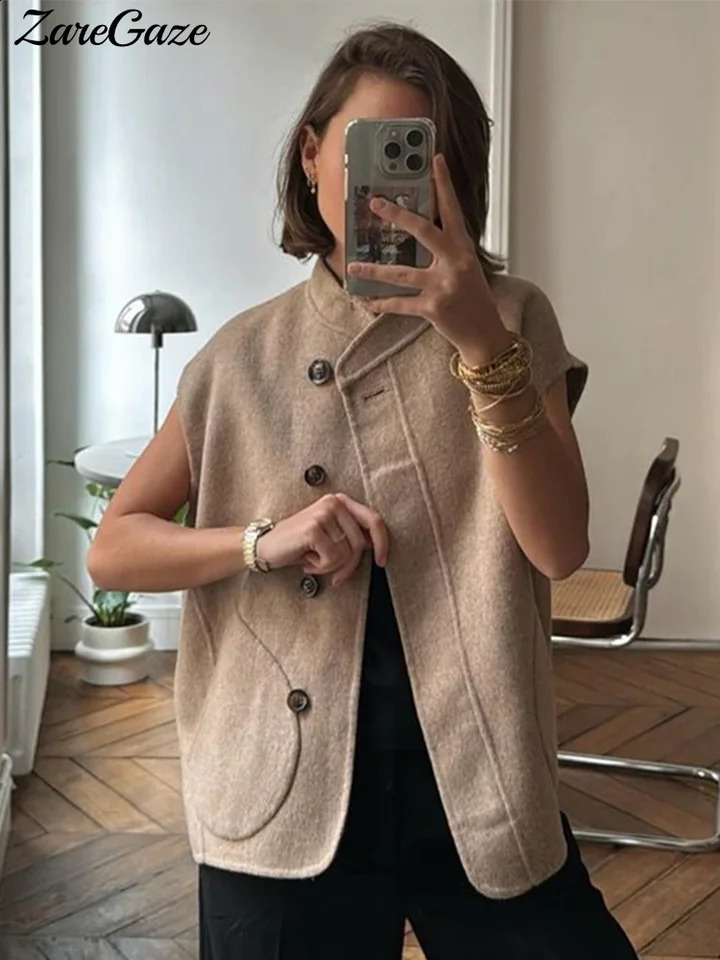 Elegant Khaki Sleeveless Thin Coat Women Loose O-neck Single Breasted Jacket Autumn Fashion All-match Waistcoat Outwear 240822