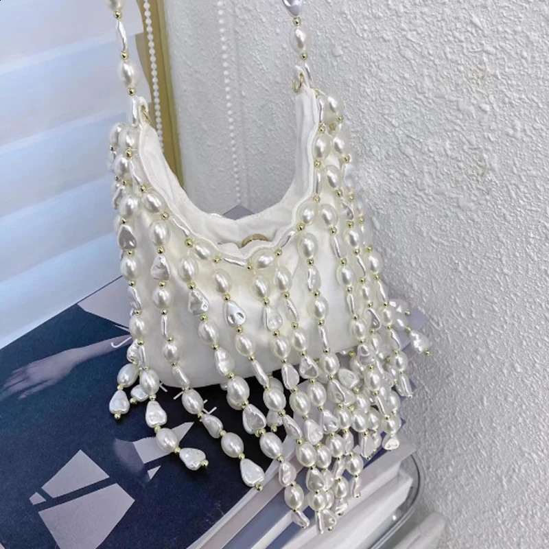 Womens Beaded Irregular Pearl Silk Handbag Evening Bottom Bag Single Shoulder 240823