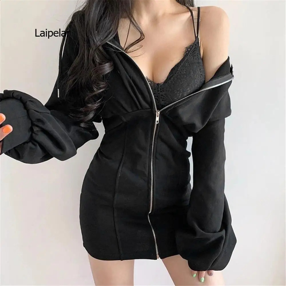 Women Fashion Casual Autumn Winter Warm High Waist Long Sleeve V Neck Tummy Control Hooded Side Pockets Front Zipper Dress 240823
