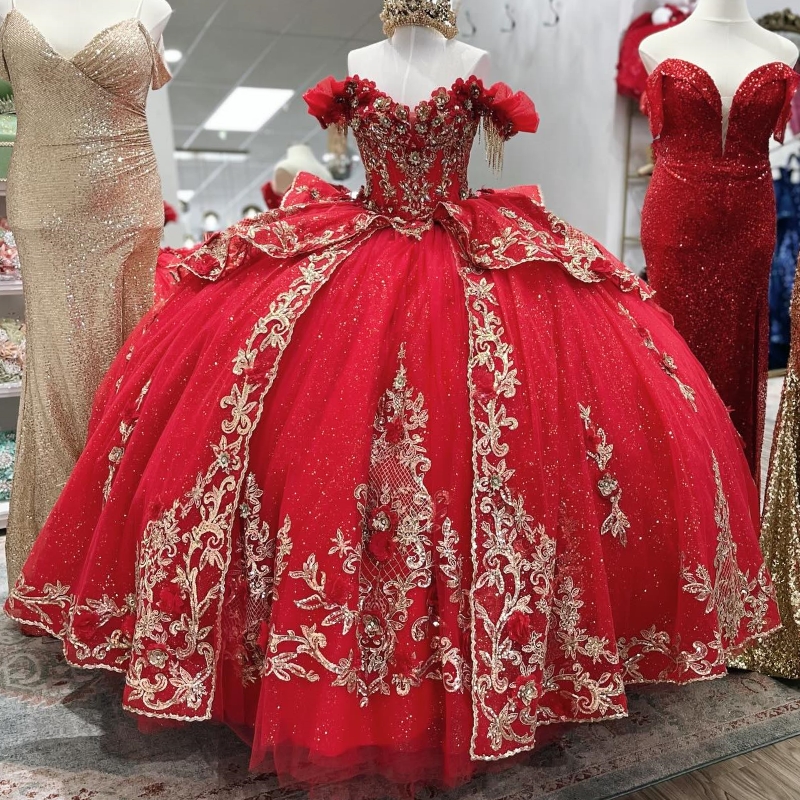 Red Shiny Quinceanera Dresses Off The Shoulder Gold Lace Applique Beading Tull Mexican Corset Sweet 16 Vestidos De 15 Anos