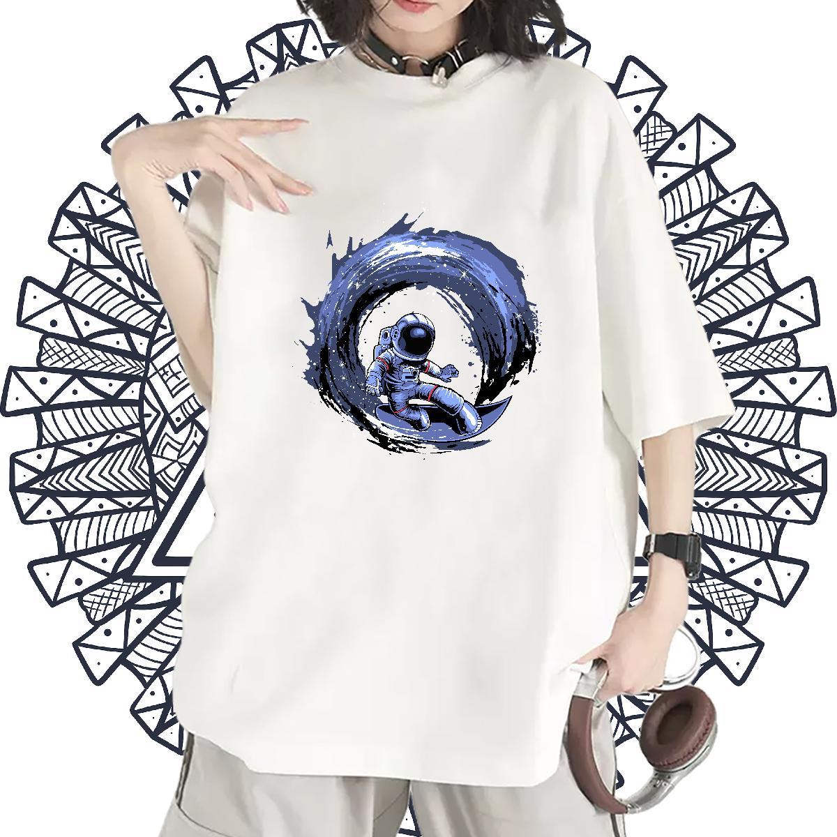 Soft Woman Tshirt 230g 100% Cotton cosmonaut Casual Daily Wear Womens T Shirts Crew Neck Breathable White Plus Size Tees Shirts