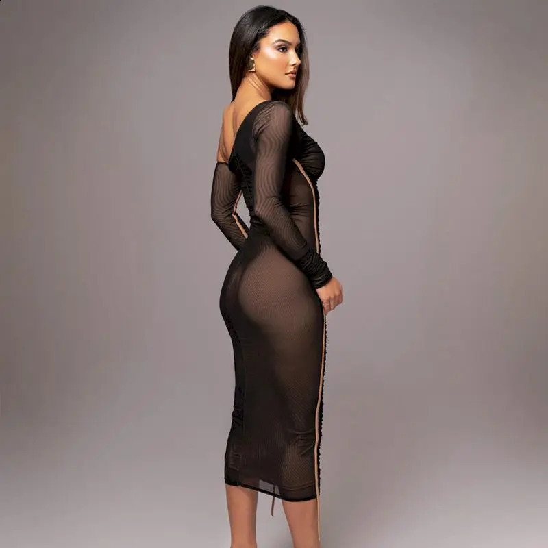Elegant Diagonal Collar Long Sleeve Maxi Dresses for Women Sexy Two Layer Mesh Backless Ruched Bodycon Club Party Evening Dress 240823