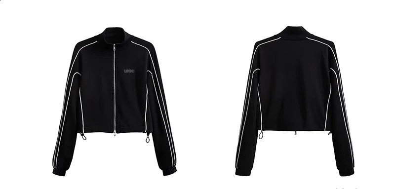 2 piece Set Womens Reflective Strip Black Zipper Track JacketSport Skirt Y2k Tracksuit Female CropTop Short Coat Jackets Sets 240823