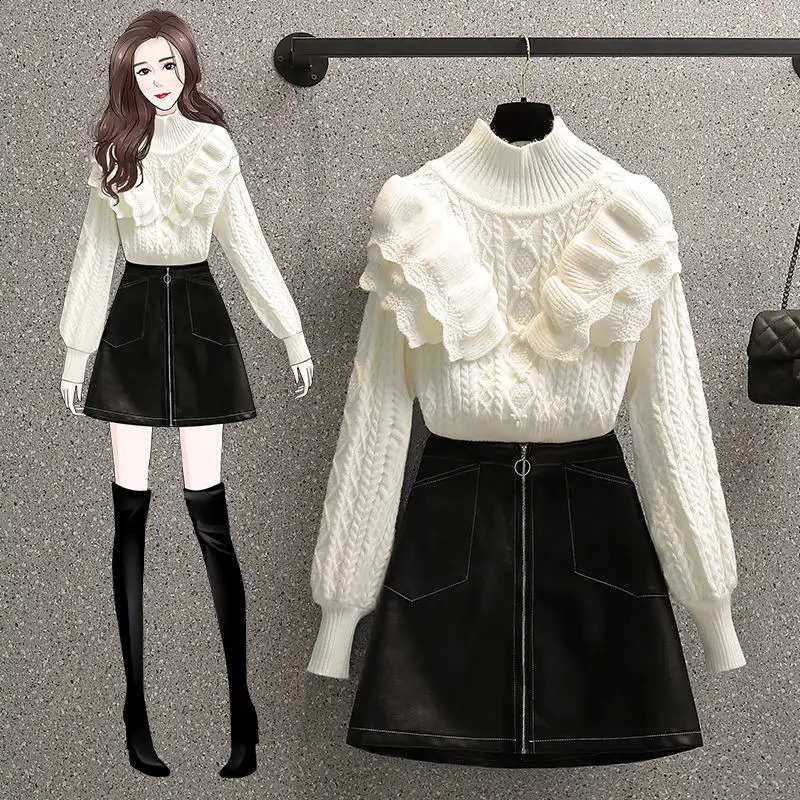 Spring and Autumn Womens Suit Korean Version Fashionable Slim Ruffle Sweater High Waist Skirt Two-piece Set 240823