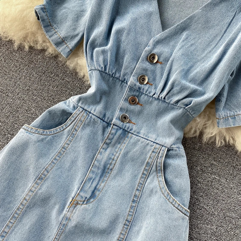 Vintage V-Neck Women Denim Dress Summer Short Sleeve Mermaid Dresses Female Slim Long Jean Slit Vestidos 240822