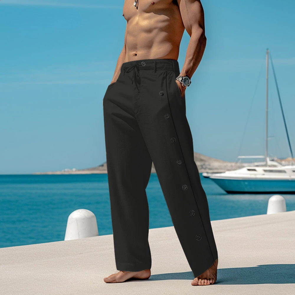 Men Elegant Triple Buttons Cotton Linen Pants Solid White Full-Length Trouser Plus Size Mens Casual Drawstring Sweatpants 240823CJ