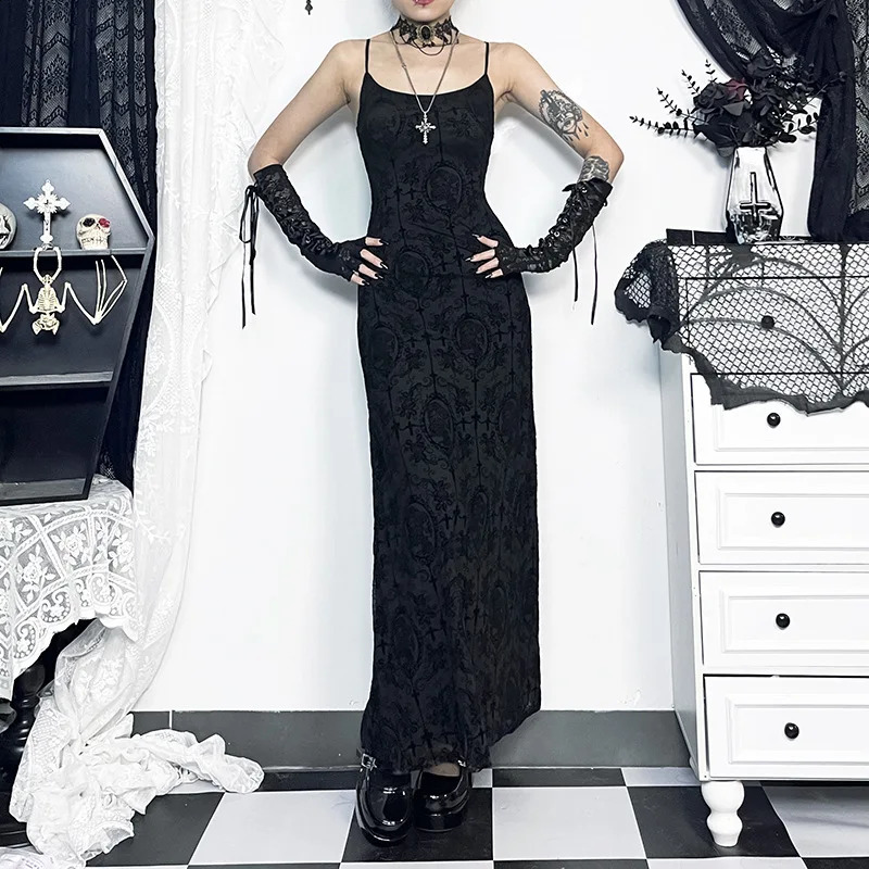 Goth Dark Cross Flocking Mall Gothic Aesthetic Dresses Grunge Punk Mesh Elegant Party Long Skirt Sling Slim Sexy Emo Alt Set 240823