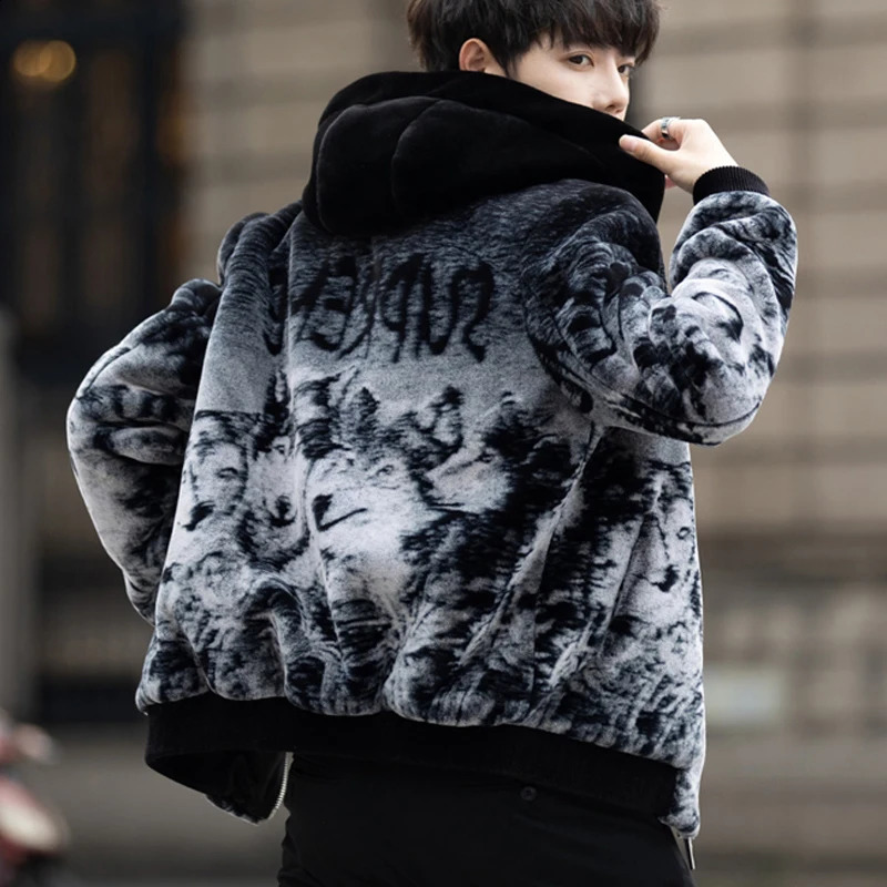 Autumn and Winter Faux Fur Coat Mens Canary Velvet Coat Long Cap Large Male Print Contrast Color Coat Men Jacket V110 240823