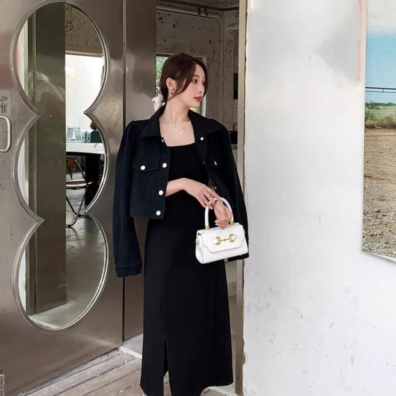 Retro Casual Outfits Spring Autumn Short Denim Jacket Paired with Suspender Split Long Skirt Two-piece Set for Women 240823