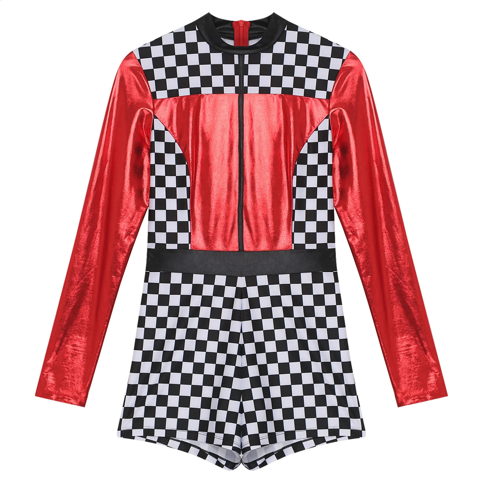 Womens racing driver jumpsuit Halloween roleplaying costume theme checkered printed long sleeved boys shorts w240824