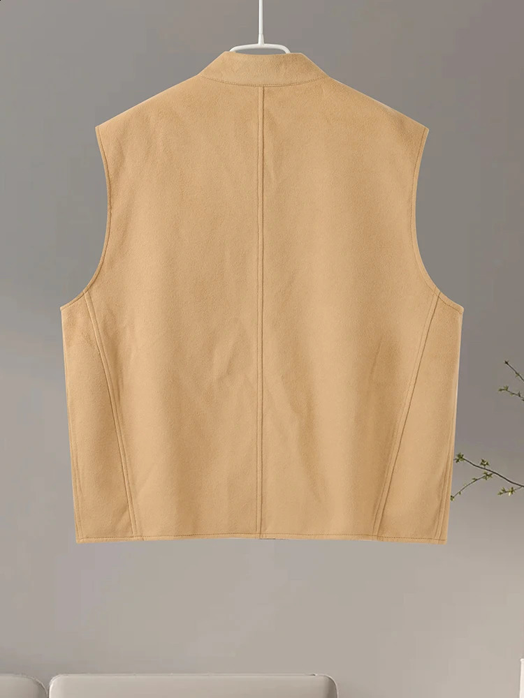 Elegant Khaki Sleeveless Thin Coat Women Loose O-neck Single Breasted Jacket Autumn Fashion All-match Waistcoat Outwear 240822