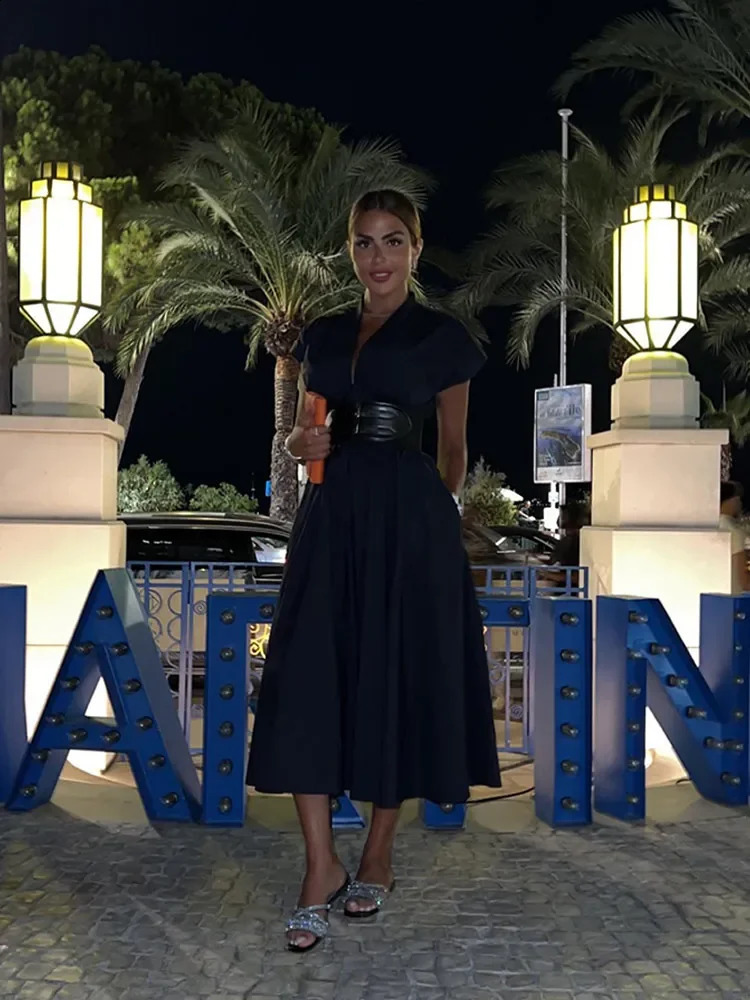 Women Elegant V Neck High Waist Belt Solid Maxi Dress Chic Flying Sleeves Split A Line Long Dresses Summer Lady Party Gown Robes 240822