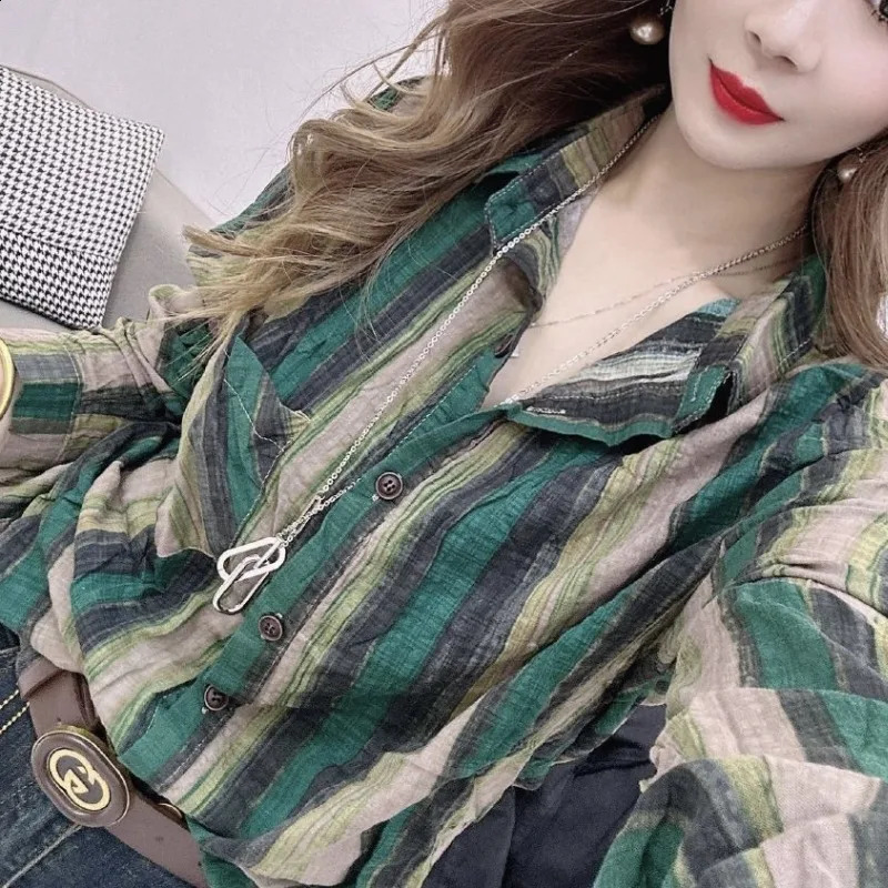 Korean Commute Spring and Autumn Shirts Womens Spliced Polo Neck Button Striped Loose All-match Long Sleeve Shirt Tops 240823