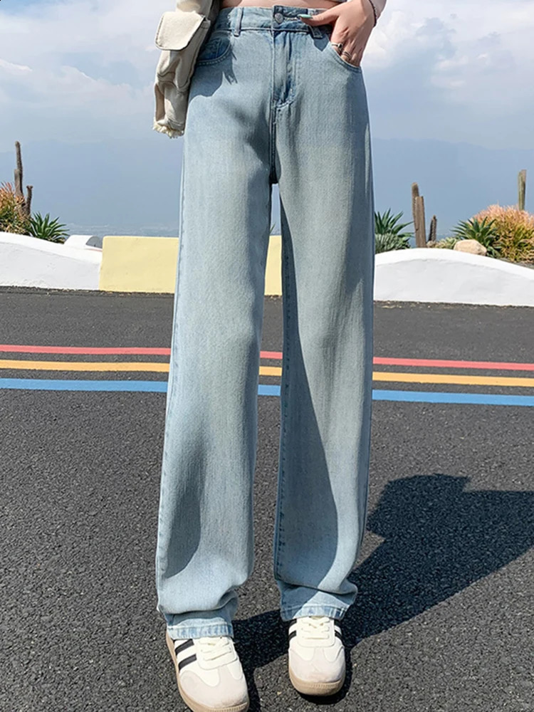Womens high waisted retro nostalgic thin Trouser womens Tencel cotton loose wash denim jeans blue wide leg pants 240823