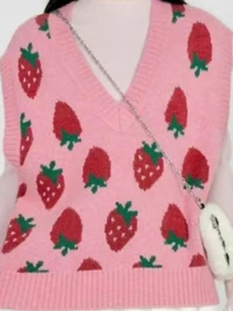 Sweater Vests Women Pink Knitwear Strawberry-print Harajuku Sweet All-match Chic Soft Casual Classic Simple Streetwear 240823