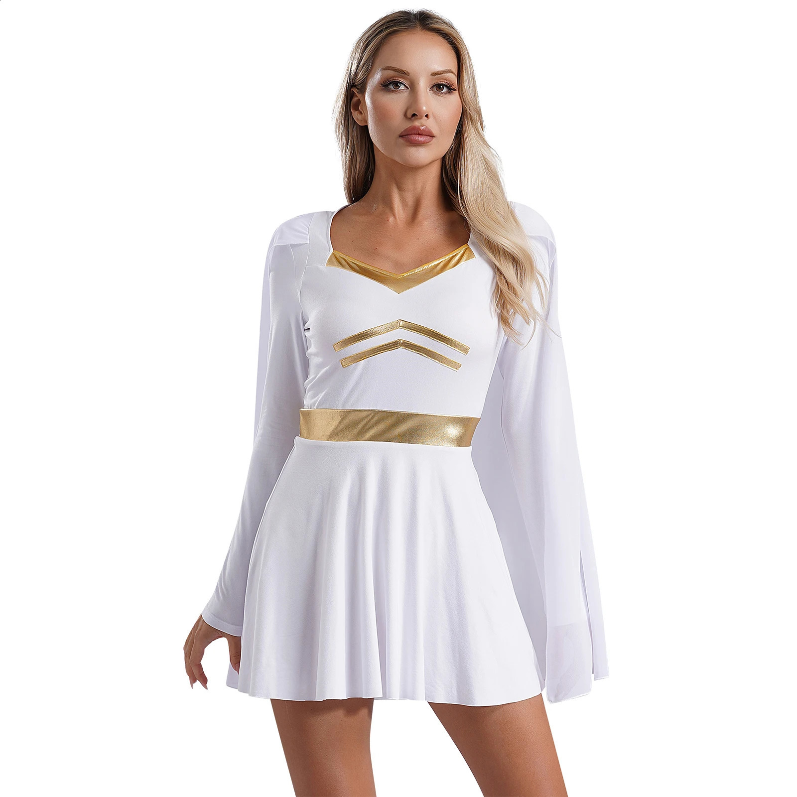 Womens Roman Goddess Cosplay Costume Metal Decorative Chiffon Dress Toga Ancient Greek Halloween Theme Party Up 240823