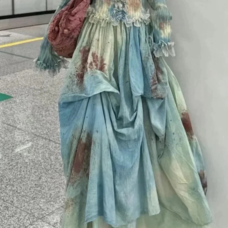 Elegant Vintage Tie Dye Slim Fit Fungus Long Sleeve Tops Women Y2k High Waist Ruched Skirts Two Piece Sets 240823