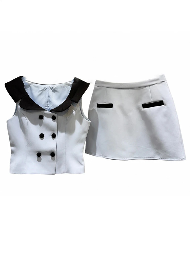 DEAT Trendy Womens Suits Contrast Color Neck Edge Double Breasted Vest Wrap Hip Skirts Set Female Summer 11A0390 240822