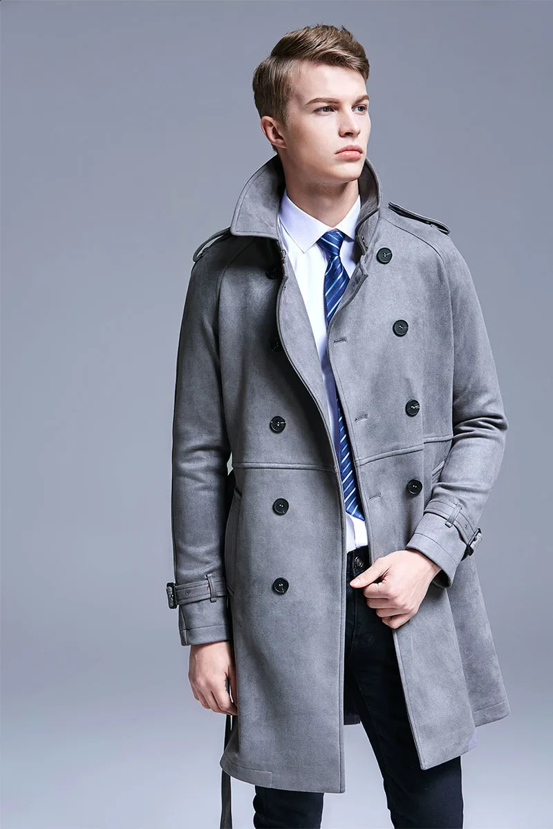 Minimalist England Fashion Suede Trench Mens Double Breasted Slim Coat Men Solid Color Long Windbreaker 5XL 6XL Jacket 240822