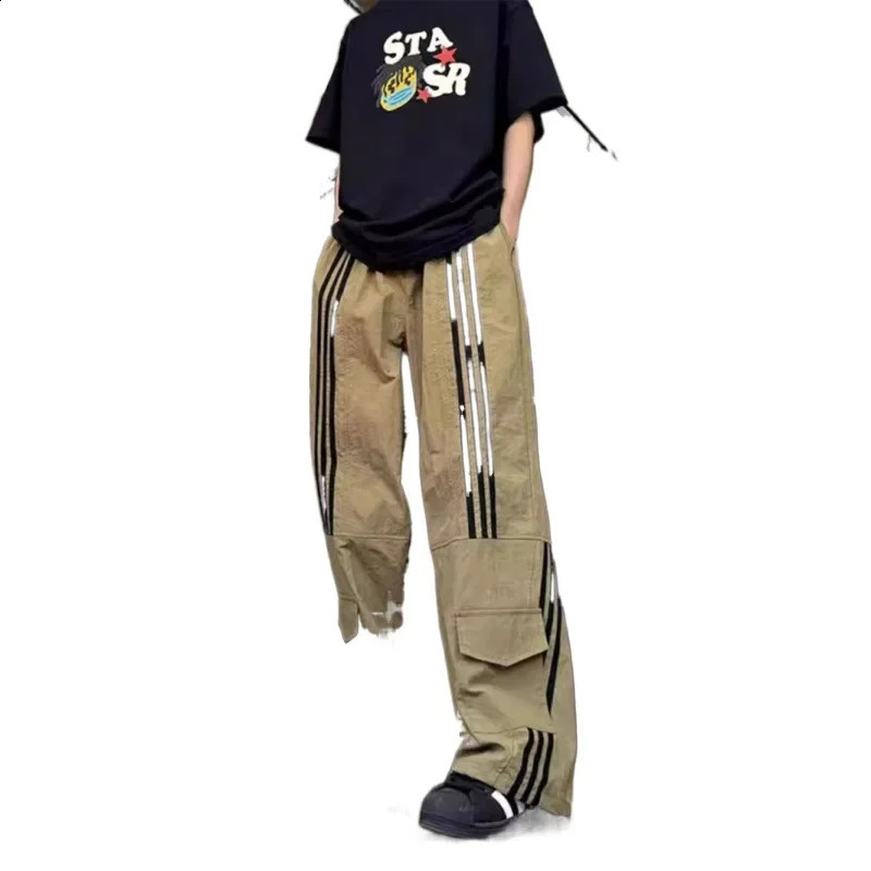 American style retro mens commodity pants summer brown green striped sports three pocket quick drying uniform 240823