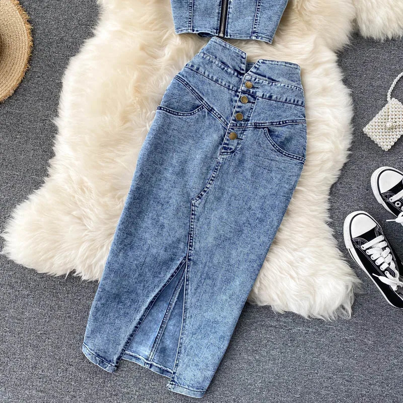 Amolapha Women Jeans Tank VestSkirts Sets Woman Girls Slim Denim Straps Tops Buttons Maxi Skirt Suits 240823