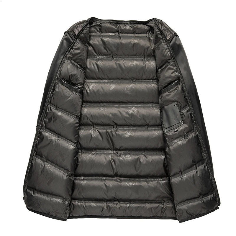 YN2268 Winter Senior Mens Hooded Natural Leather Down Jacket Medium length Detachable White Duck Lining 240822