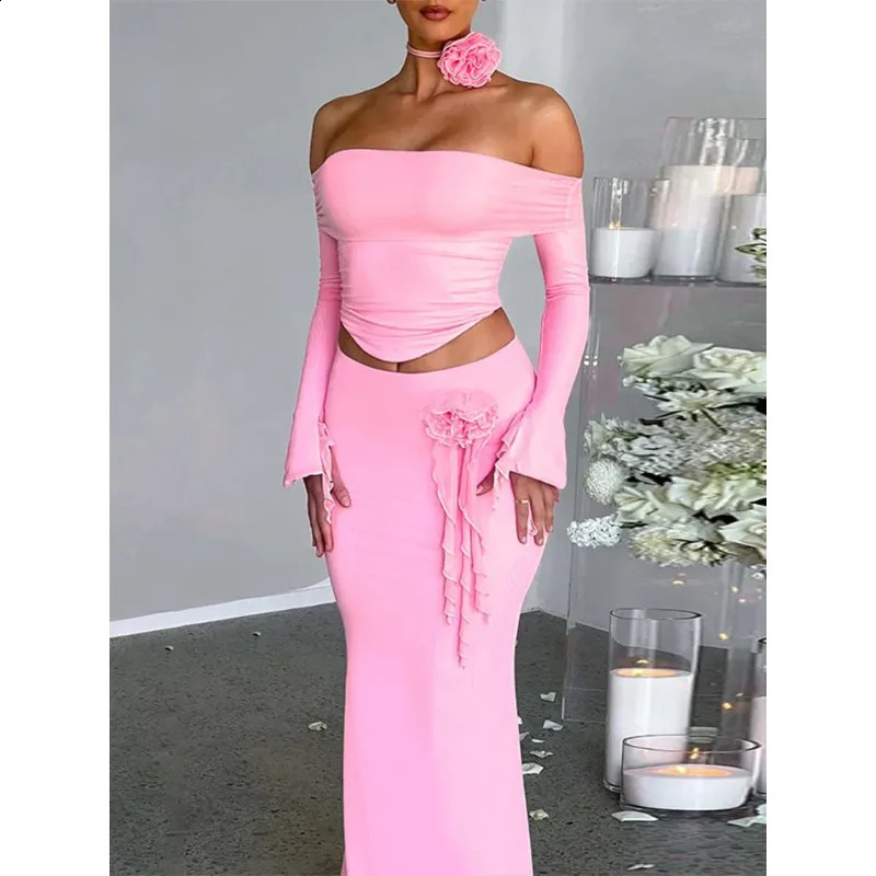 Flower Bodycon Skirt Sets Women Slim Sexy Backless Lace Up Tops Womens Party Elegant Dress 2 Piece Womens Suits Outfits 240823