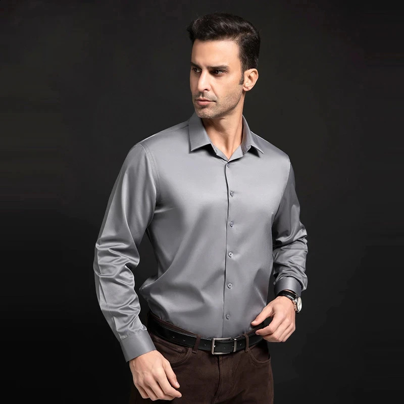 T446 Quality Stretch Anti-Wrinkle Smooth Men Shirts Long Sleeve Dress Shirt For Male Slim Social Business Blouse Shirt S-6XL 240822