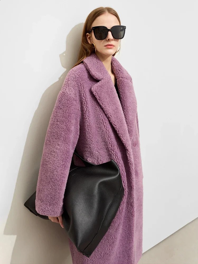 AMII Minimalist Lamb Wool Coat For Women Winter Lapel Collar Long Letter Embroidery Cashmere Coat Snow Wear 12344170 240822