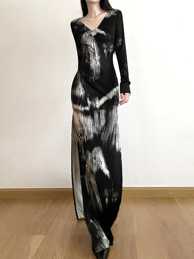 IAMSURE Slim Hollow Out Printed Split Dress Holiday Sexy V-Neck Long Sleeve Maxi Dresses For Women Autumn Spring Ladies 240823