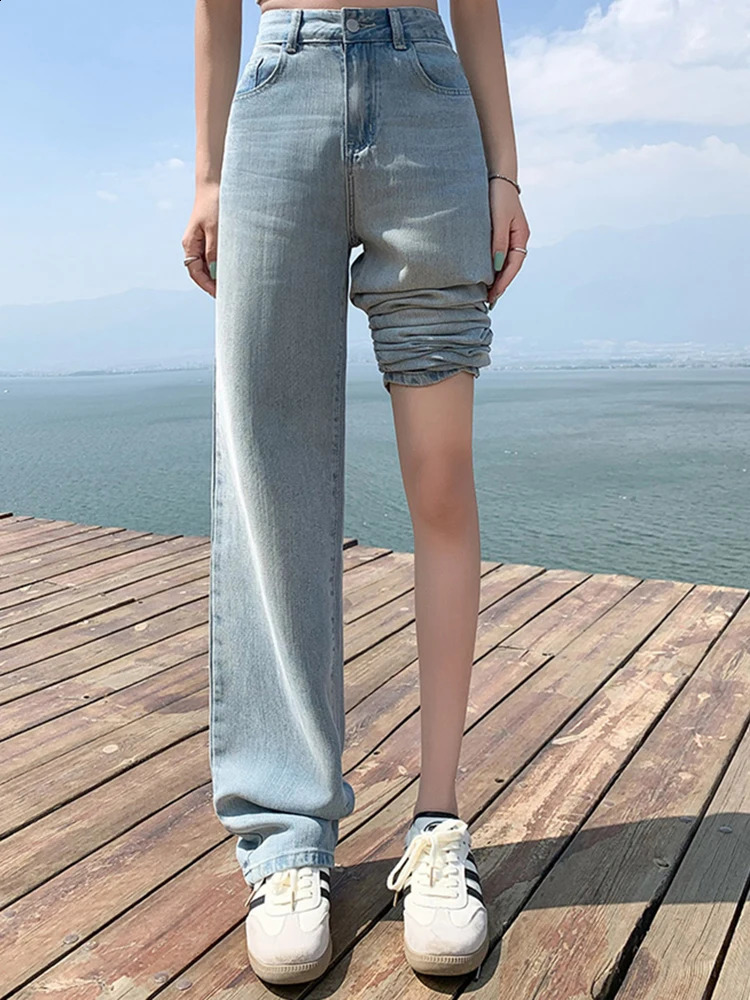 Womens high waisted retro nostalgic thin Trouser womens Tencel cotton loose wash denim jeans blue wide leg pants 240823
