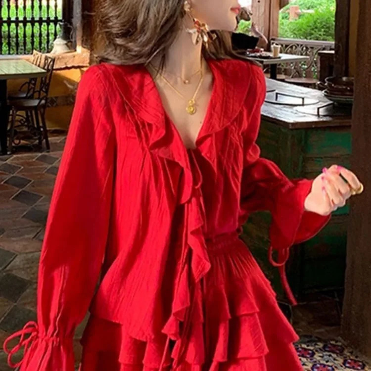 Elegant V-neck Ruffles Long Sleeve Tops Women Y2k E- High Waist Ruched A-line Skirts Spring Red Two Piece Sets 240823
