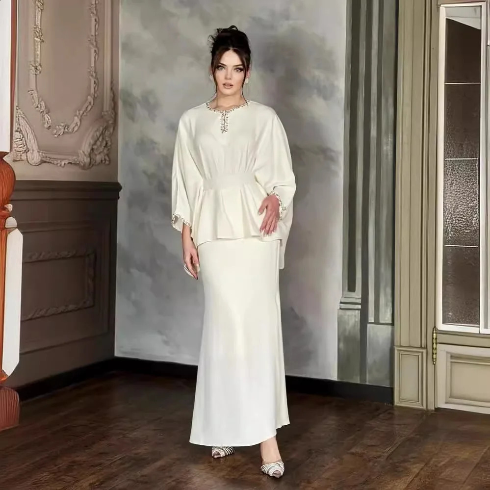 Skirt Set Women Two Piece Sets Round Neck Full Bat Sleeve Sexy Dress Sets Tops Tight Waist Long Skirts Elegant Splice Summer 240823