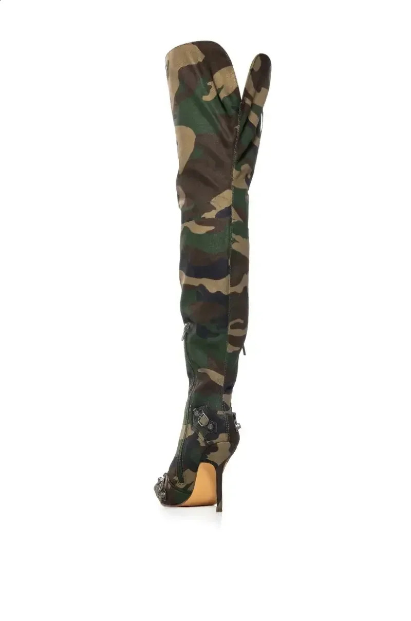 Camouflage lapel knee high boots canvas slim high heels buttoned corner shoes 240823