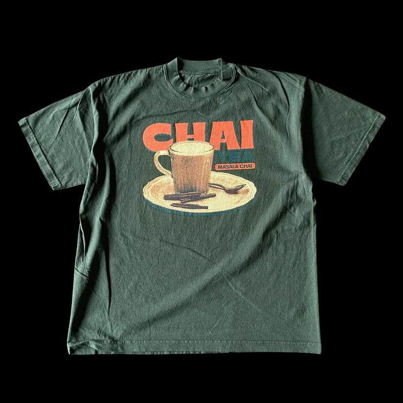 Y2K Harajuku Gothic Vintage Classic Green Tea Pattern Printing Casual Round Neck Green Extra Large T-shirt 240822