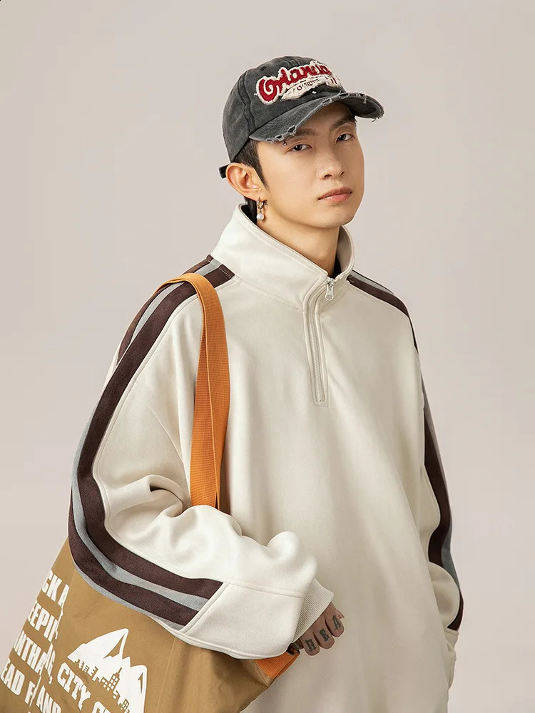 Mens Half Zipper Hoodie AutumnWinter Style Contrastive Color Splicing American Texture Stand up Collar Jacket 240823