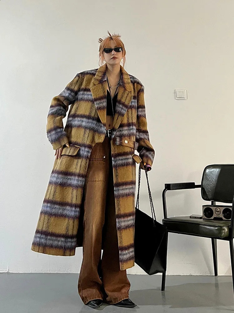 Loose Fit Yellow Plaid Big Size Long Woolen Coat Parkas Lapel Long Sleeve Women Fashion Autumn Winter 240822