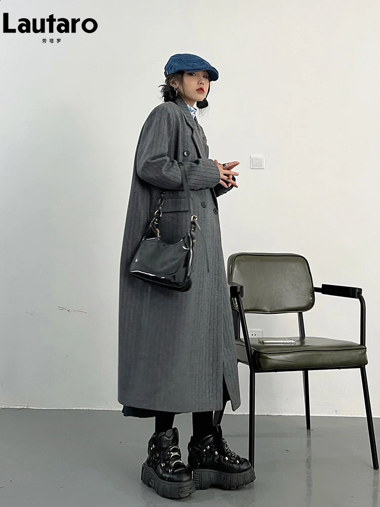 Lautaro Autumn Winter Long Loose Casual Stylish Striped Woolen Coat Women Double Breasted British Style Fashion Overcoat 240822