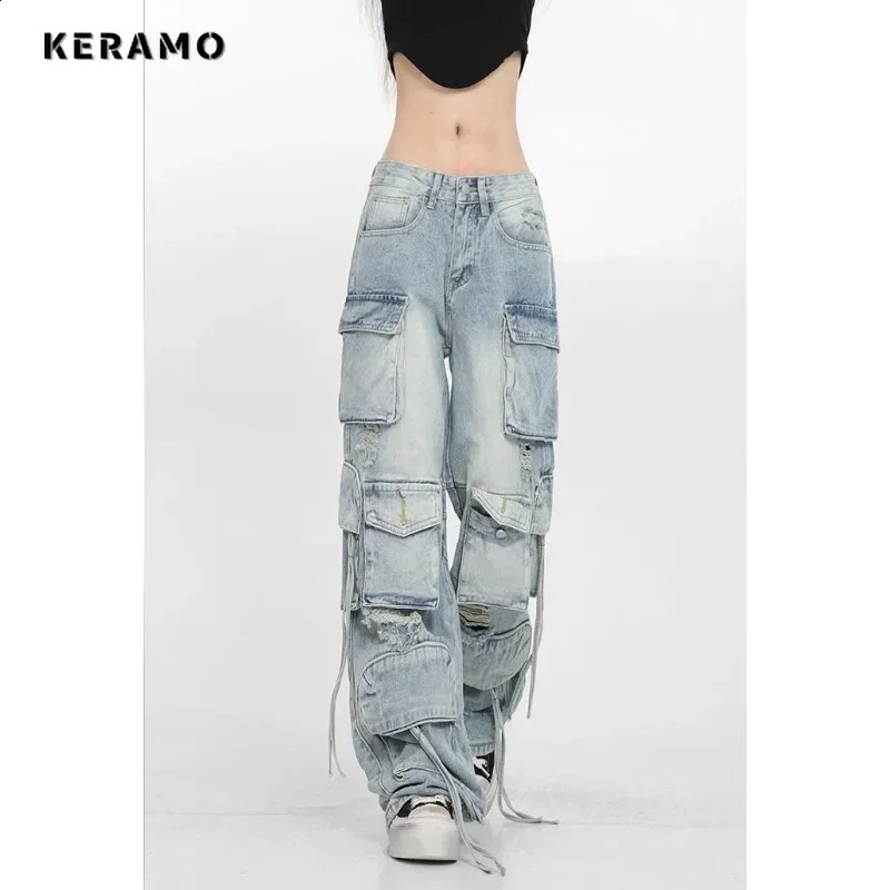 Casual High Waist High Street Style Blue Straight Jeans Vintage Pockets Lace-up Pants Womens Wide Leg Baggy Y2K Denim Trouser 240822