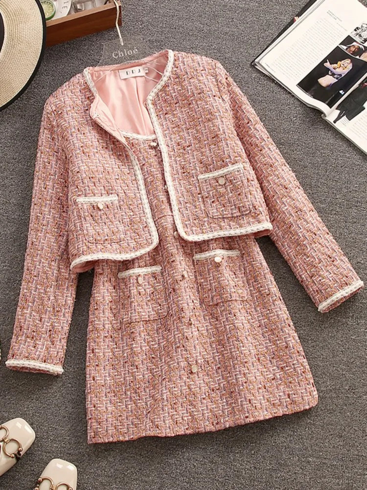 Autumn Winter Dress Suits Womens Vintage Tweed Jacket Coat Slim Suspenders Short Dress Two-piece Sets Lady Outfit 240823