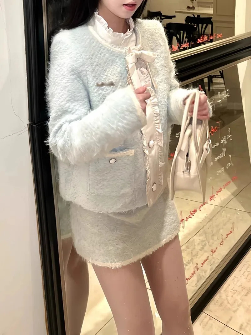 Temperament Fashion Jacket Skirt Two-piece Set Women O-Neck Lace Up Flounce Splice Single Breasted Gentle Blue Slim Spring Suit 240823