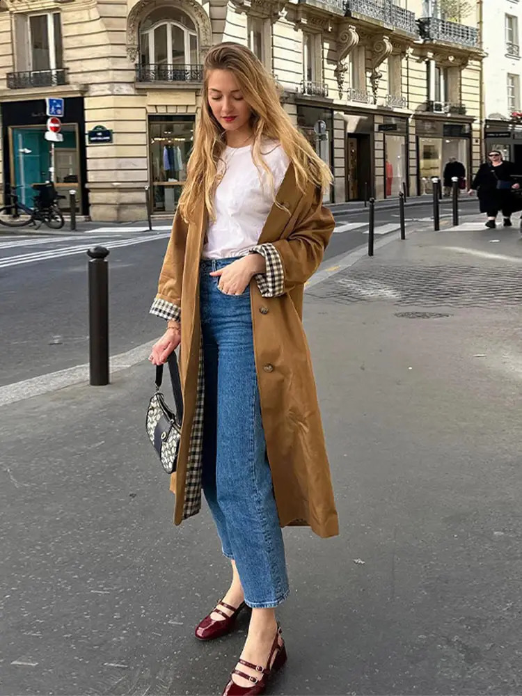 Woman Casual Khaki Plaid Lined Lapel Long Coats Fashion Single Breasted Jacket With Pocket Autumn Lady Commute Windbreaket 240822
